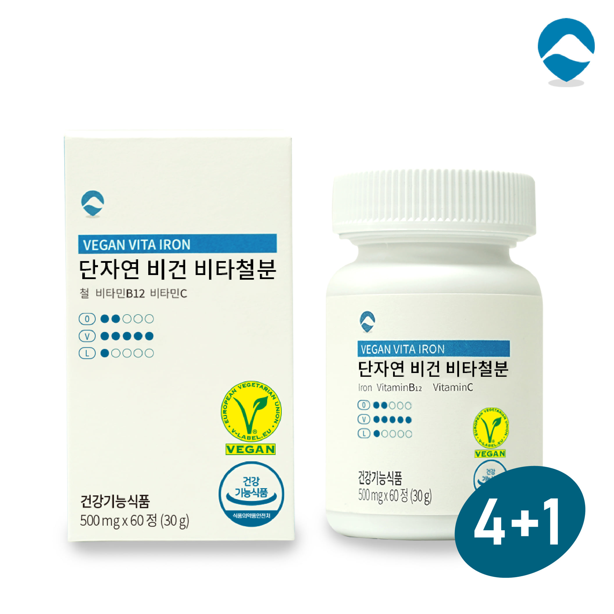 국내생산 최초 비건인증 단자연 비건 비타철분 4+1박스(총300정, 10개월분) 비헴철 24 mg
